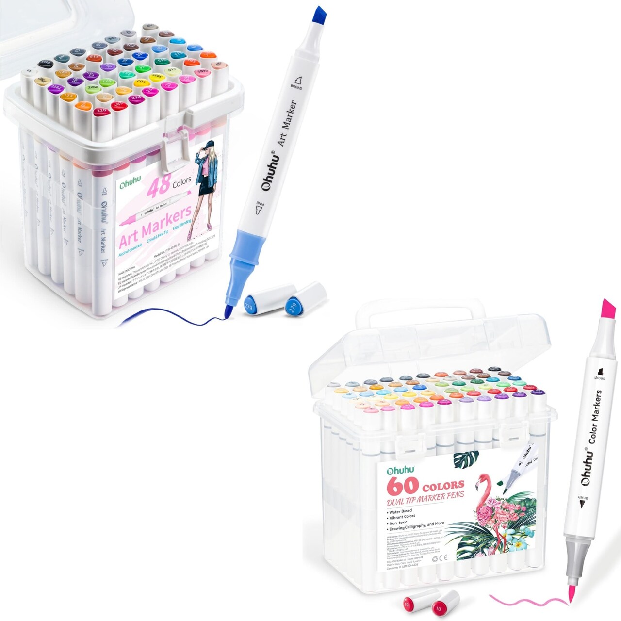 Ohuhu 48-Color Double Tipped Chisel & Fine Alcohol Markers + 60 Color Water-Based Marker Set